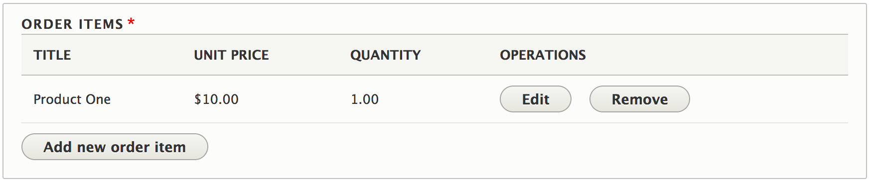 The default order items table on an order edit form.