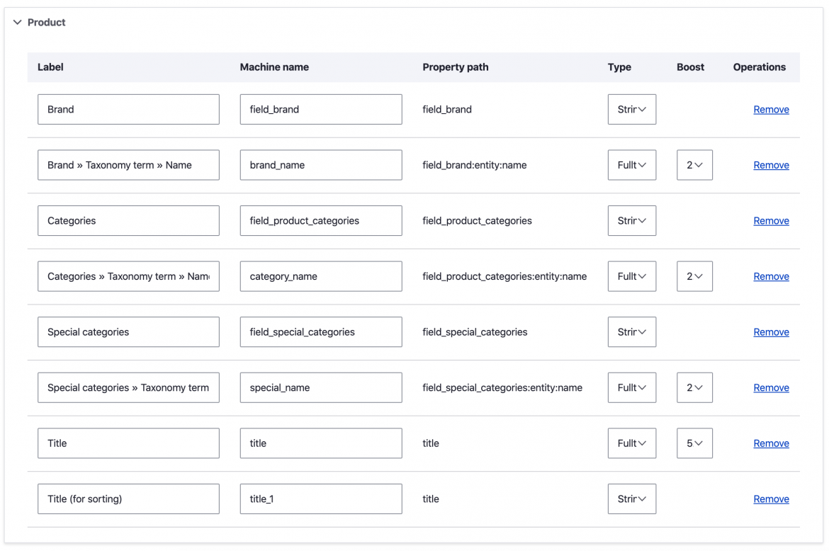 products index fields