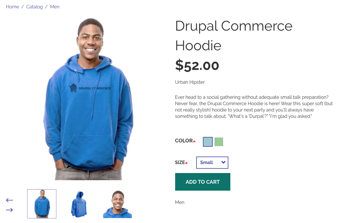 Demo product page for a Drupal Commerce Hoodie.