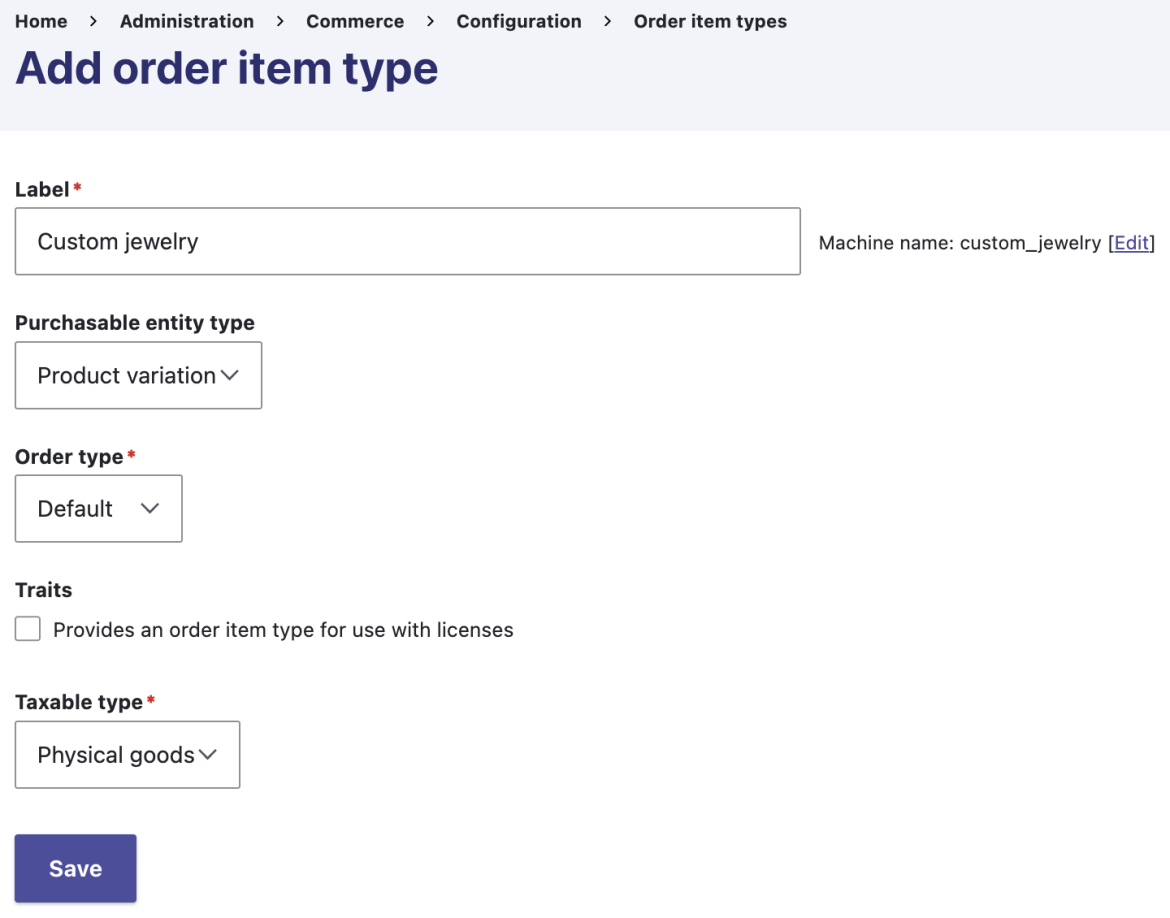 Adding an order item type for jewelry customization.