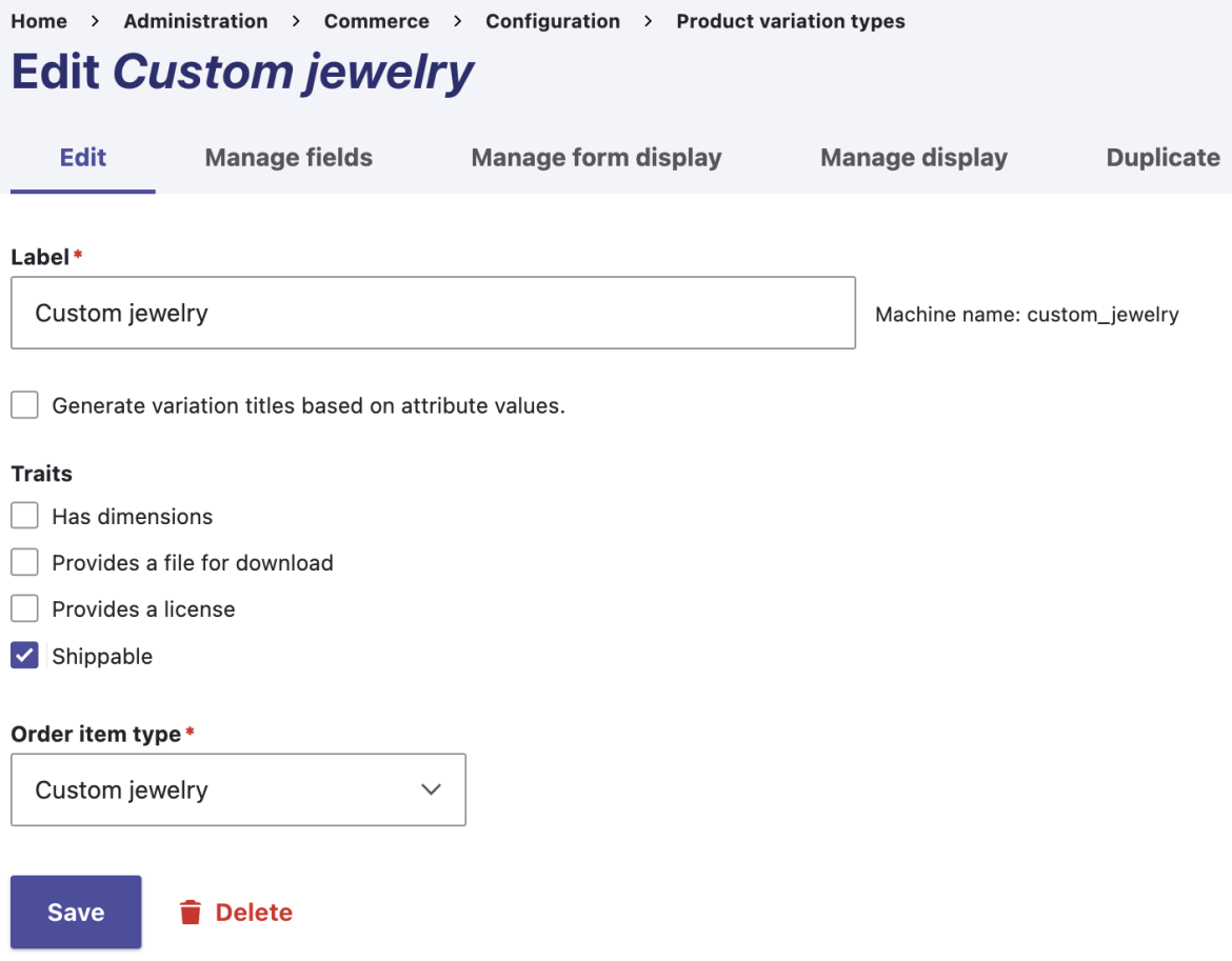 Connecting the new product variation type to the order item type.