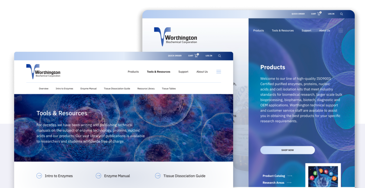 Worthington Biochemical home page and Tools page screenshots