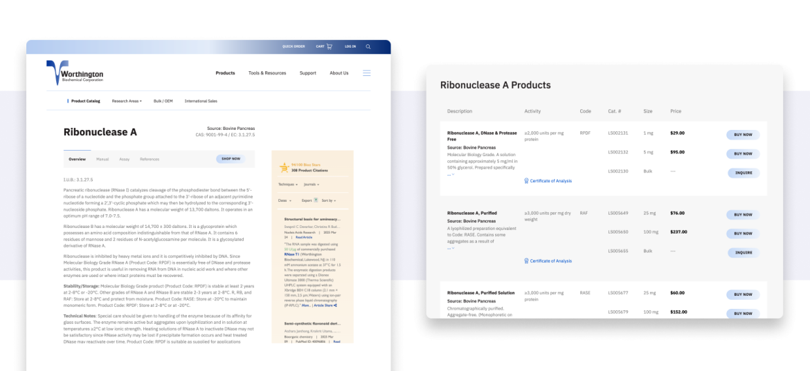 Worthington Biochemical product page with different variations and buy options