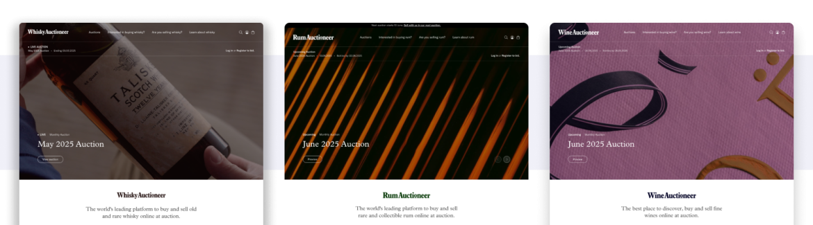 Screenshots showing the front pages of Whisky Auctioneer, Rum Auctioneer, and Wine Auctioneer