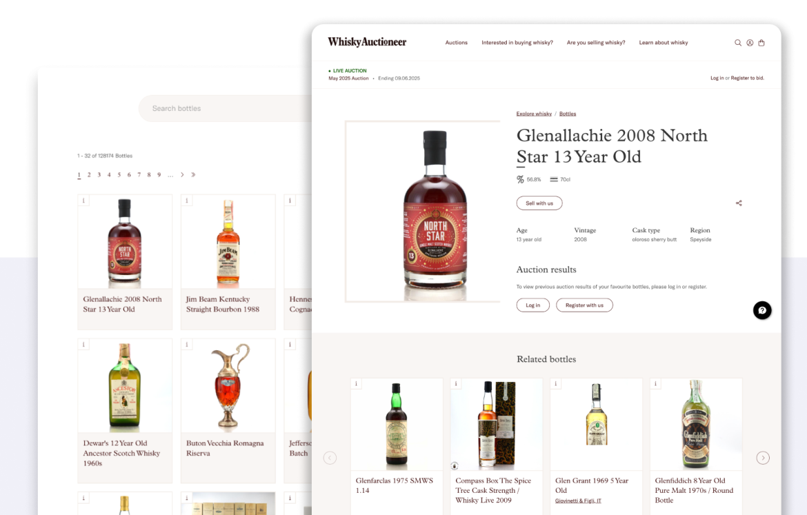 Screenshots of Whisky Auctioneer showcasing bottles