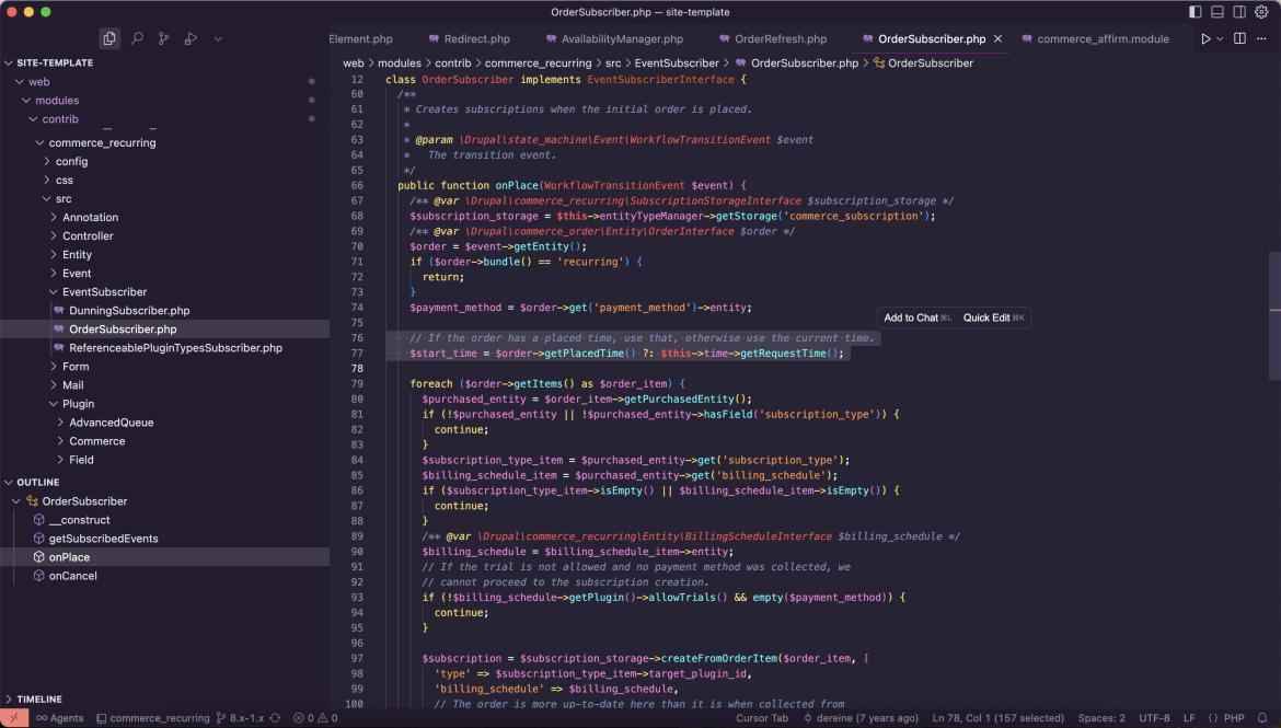 Cursor open editing the Commerce Recurring module