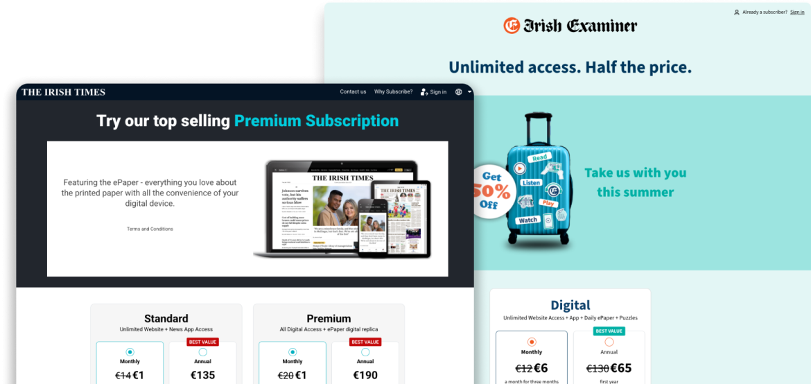 Irish Times and Irish Examiner subscription landing pages