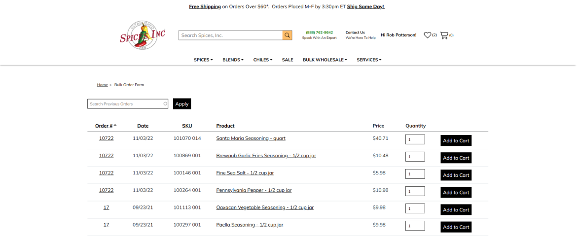 A bulk order form from Spices Inc
