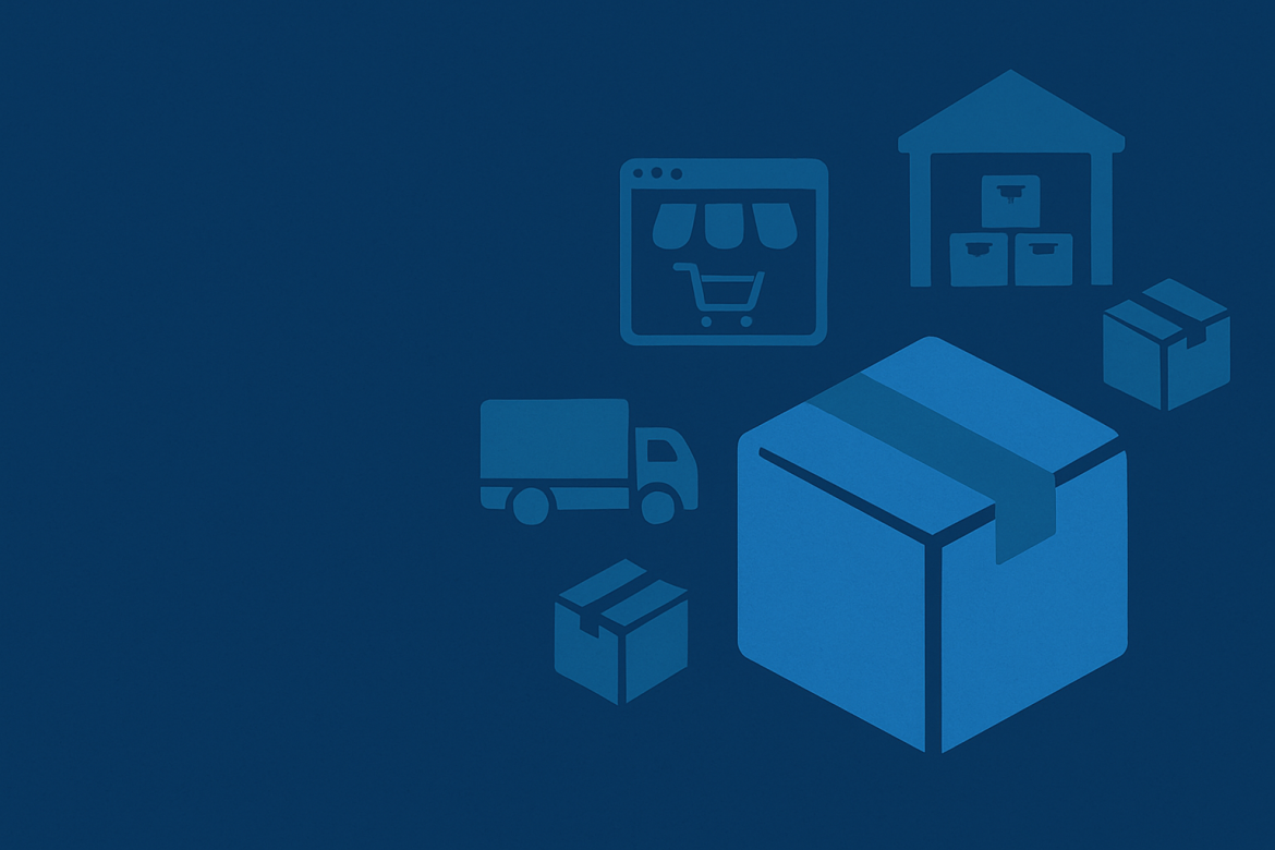 Blue background with icons of packages and deliveries.