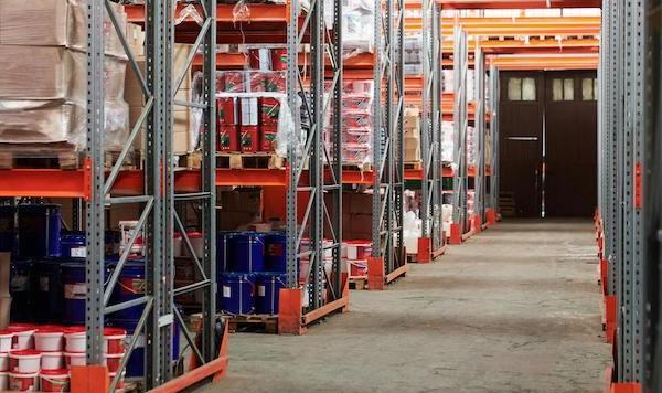 Racks with stacked products in a warehouse