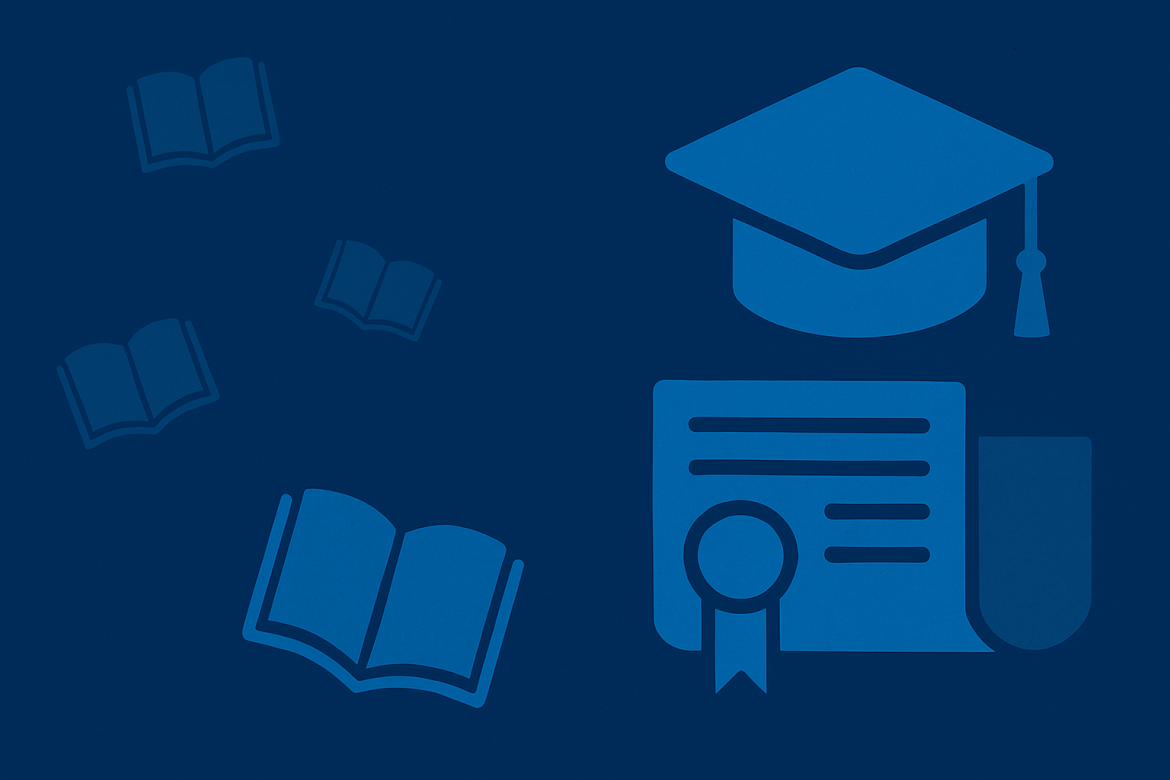 Blue background with icons of learning and books.