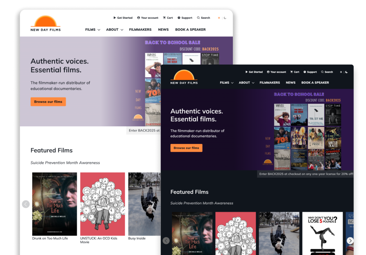 Light and dark modes for the home page of New Day Films
