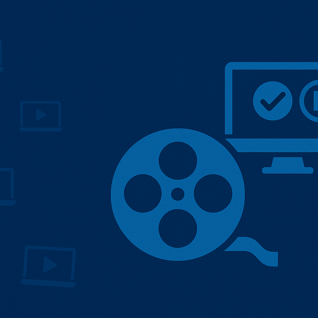 Laptop icons and film reel icons on blue background.