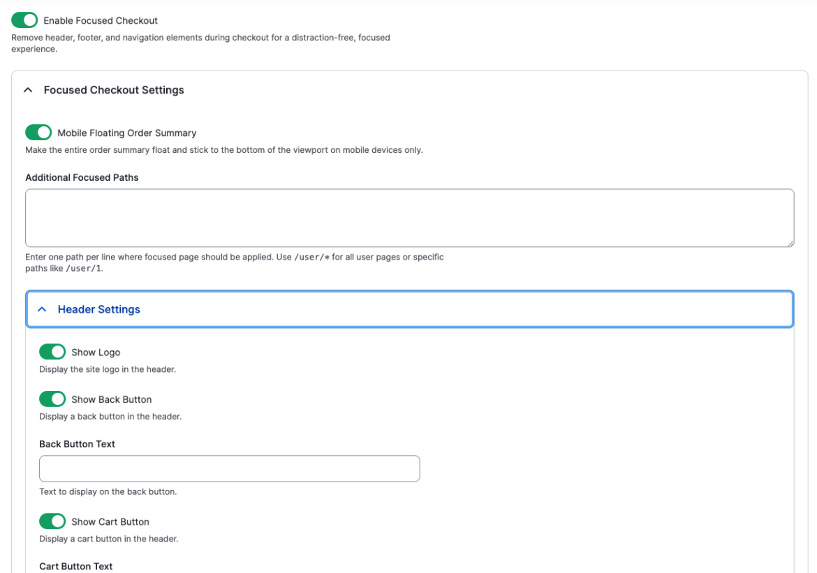 A form showing configuration options for the Belgrade focused checkout settings
