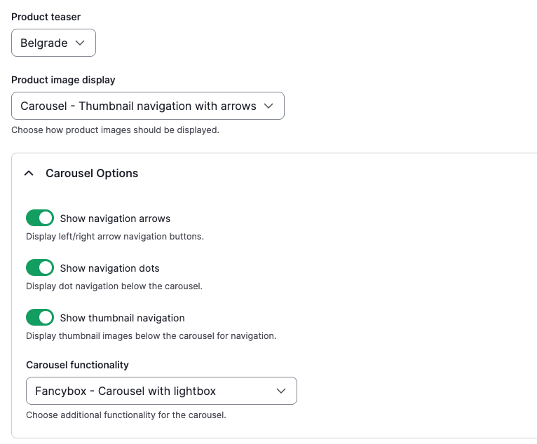Configuration options for product image galleries on Belgrade