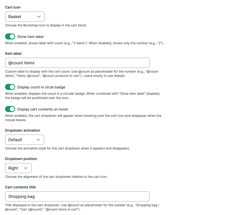 A form showing configuration options for the Belgrade theme.