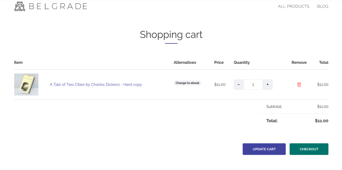 Screenshot of a cart with commerce product alternative enabled