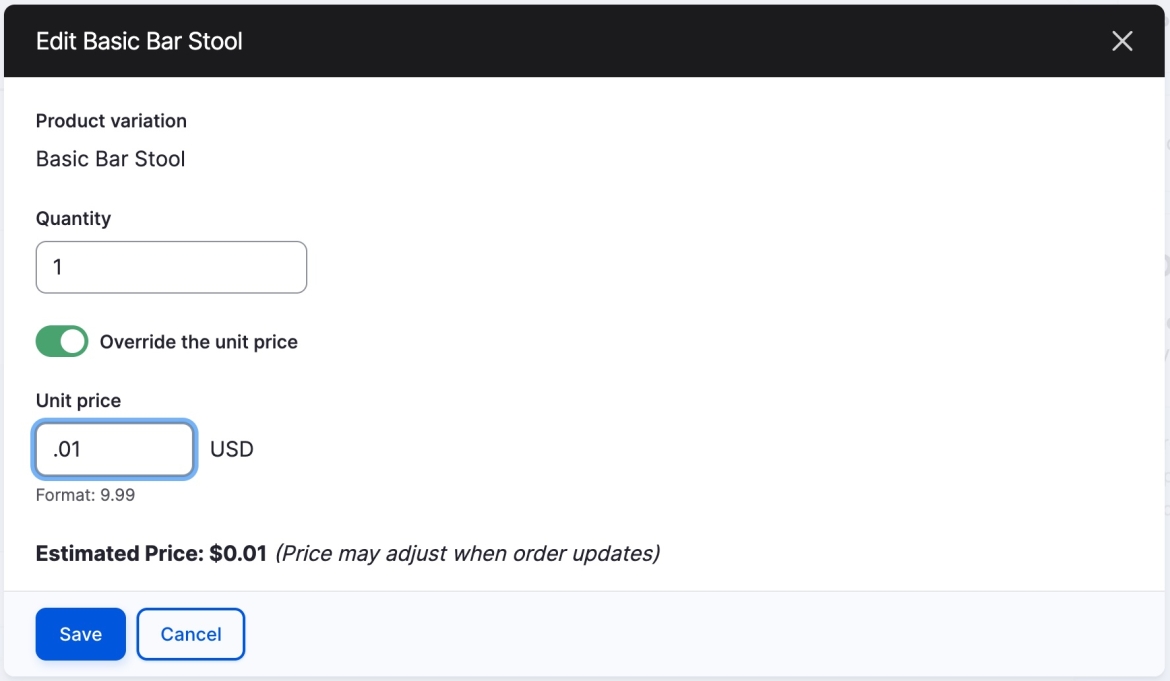 Commerce Core 3.3.x order item edit modal dialog.