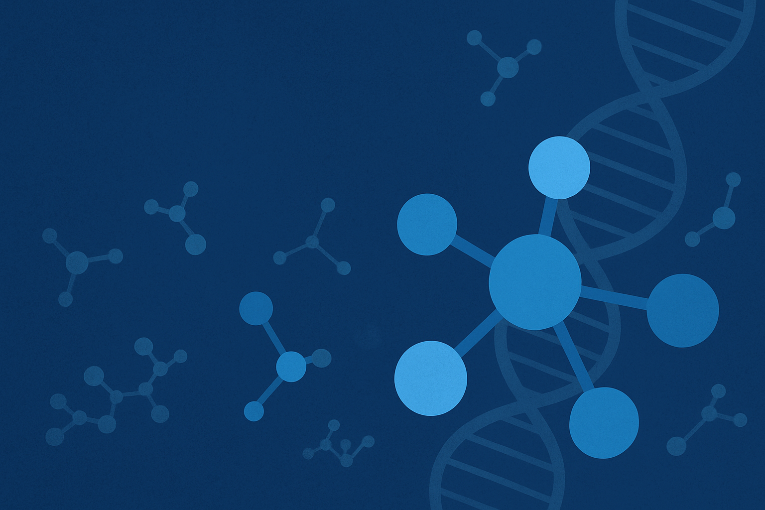 Chemistry iconography on a blue background.