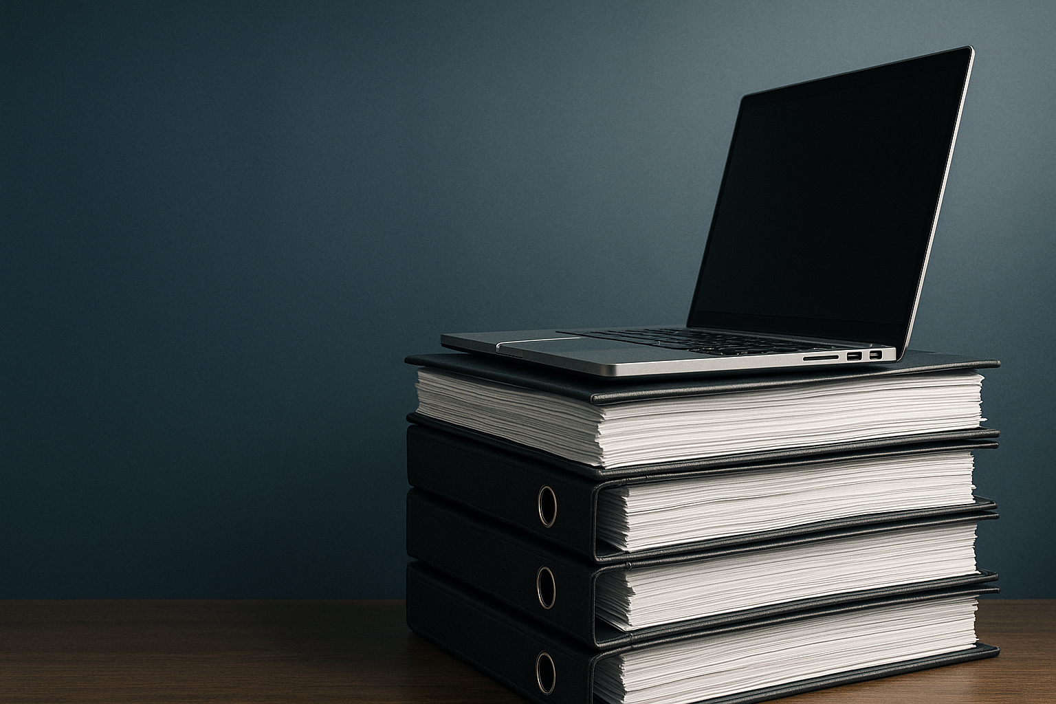 A laptop sitting on top of thick binders.