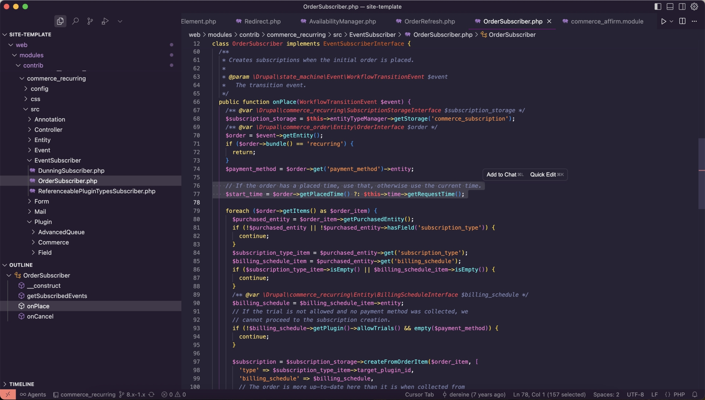 Cursor open editing the Commerce Recurring module