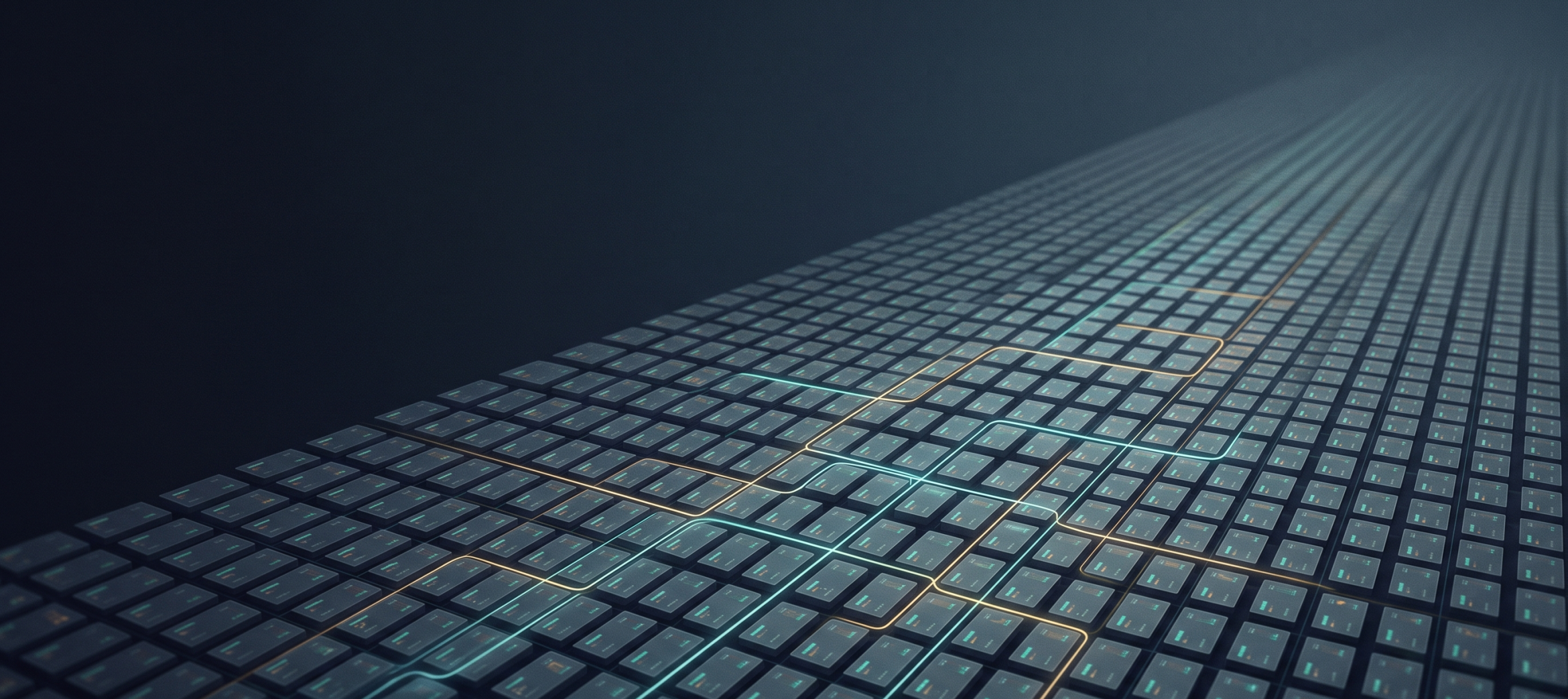  technical illustration representing a vast, orderly product catalog: thousands of small rectangular data tiles arranged in a deep receding grid, like an endless warehouse of information viewed at a slight angle. A few glowing connective lines thread through the grid, suggesting data syncing between systems.
