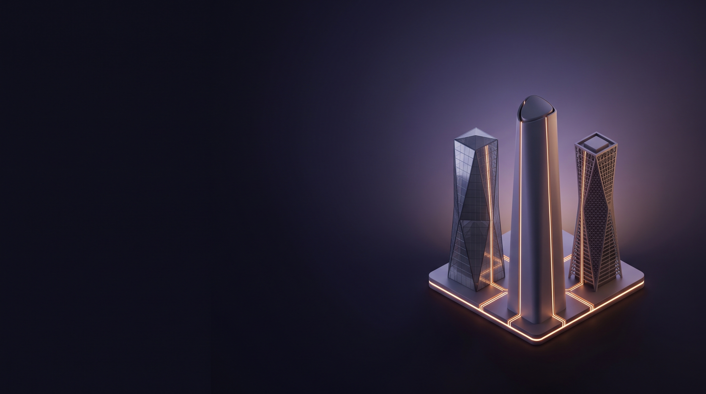 Three abstract buildings to the right side of a soft gradient background