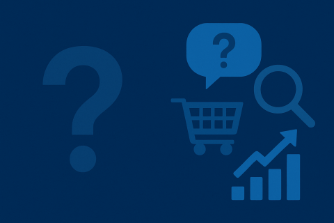 Ecommerce icons on a blue background: cart, question marks
