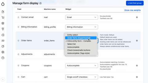 Selecting the new order items widget.