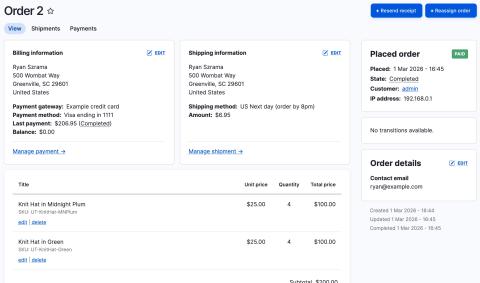 Commerce Core 3.3.0 order view page
