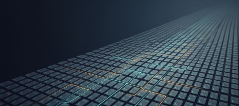  technical illustration representing a vast, orderly product catalog: thousands of small rectangular data tiles arranged in a deep receding grid, like an endless warehouse of information viewed at a slight angle. A few glowing connective lines thread through the grid, suggesting data syncing between systems.