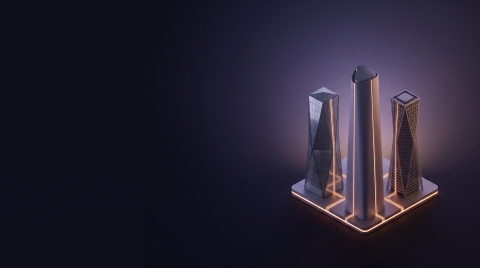 Three abstract buildings to the right side of a soft gradient background