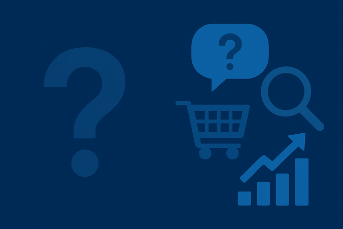 Ecommerce icons on a blue background: cart, question marks