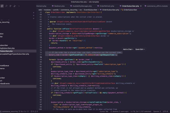 Cursor open editing the Commerce Recurring module