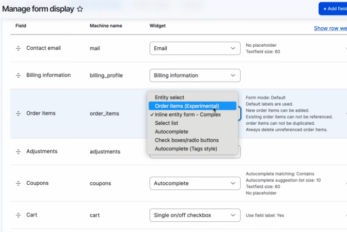 Selecting the new order items widget.