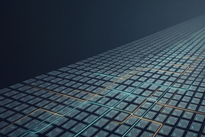  technical illustration representing a vast, orderly product catalog: thousands of small rectangular data tiles arranged in a deep receding grid, like an endless warehouse of information viewed at a slight angle. A few glowing connective lines thread through the grid, suggesting data syncing between systems.