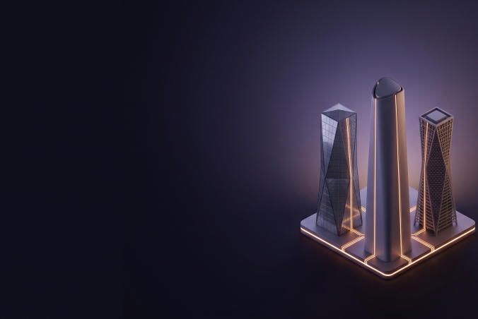 Three abstract buildings to the right side of a soft gradient background
